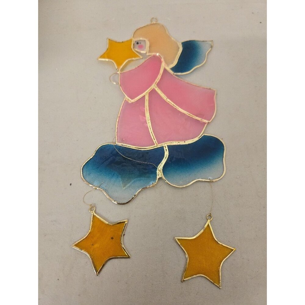 11" Capiz Shell Stained Glass Pink Angel Suncatcher Stars Ornament Christmas